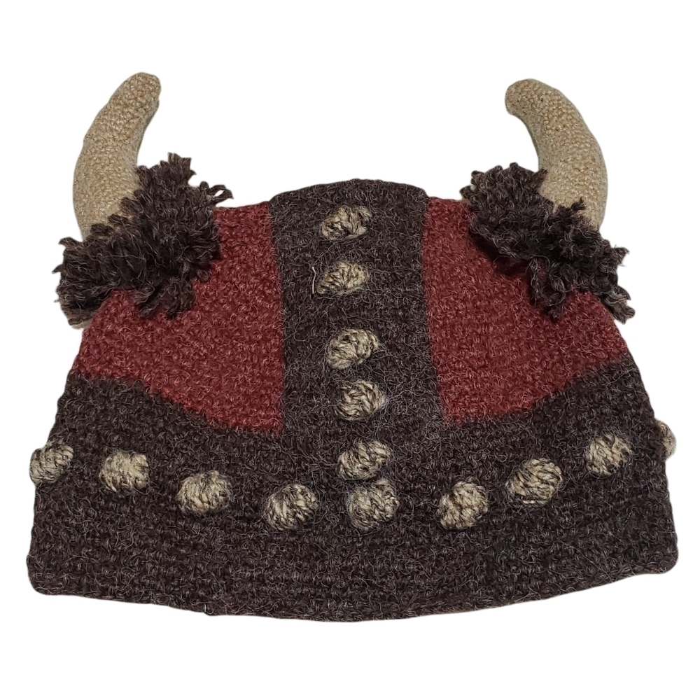 Hand Knit Horned Viking Hat - Brown / Brick / Tan